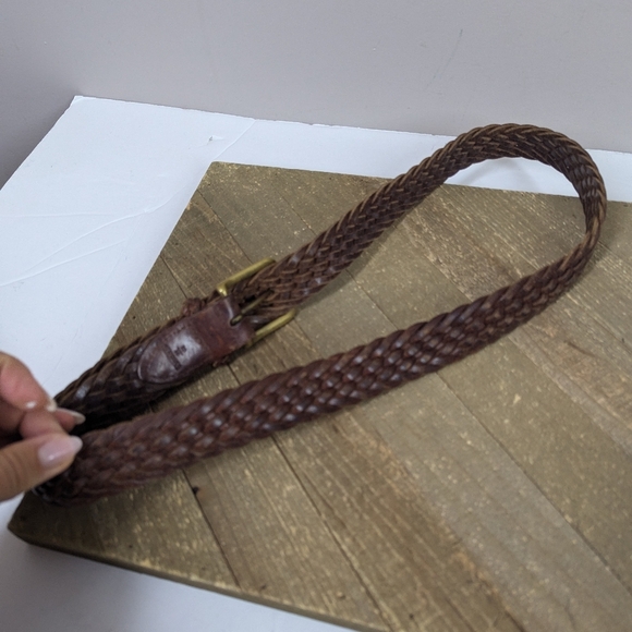 Vintage Brown Woven Leather Belt Brass Buckle Adjustable 41" Unisex Boho Western - Picture 7 of 7